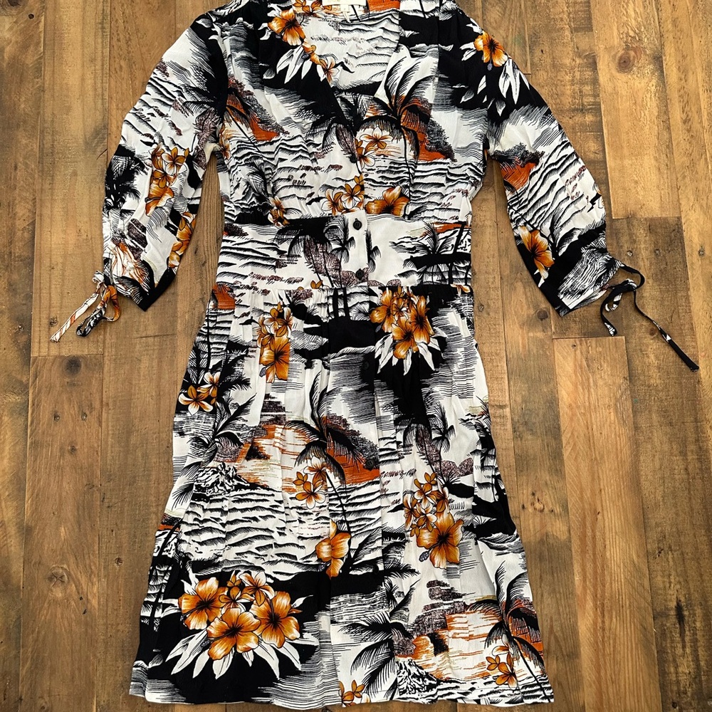 Maje Black, White and Orange Hawaiian Dress with Bishop Sleeves